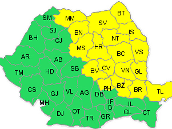 Cod galben de ploi si vijelii pentru Moldova, nordul Dobrogei si estul Transilvaniei
