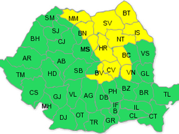 Cod galben de ploi, prelungit pana vineri seara pentru 12 judete
