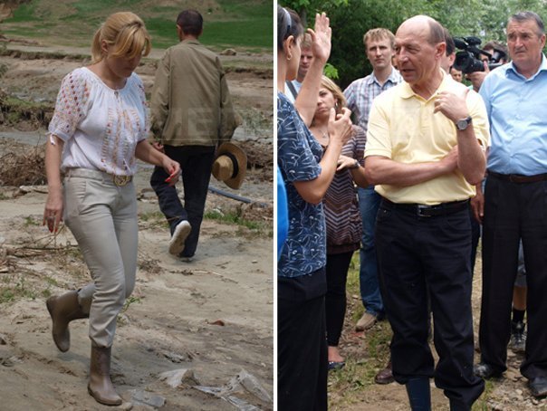 Calimente: Basescu, pe post de Moise la inundatii; "doamna blonda" cu cizme "D&G"