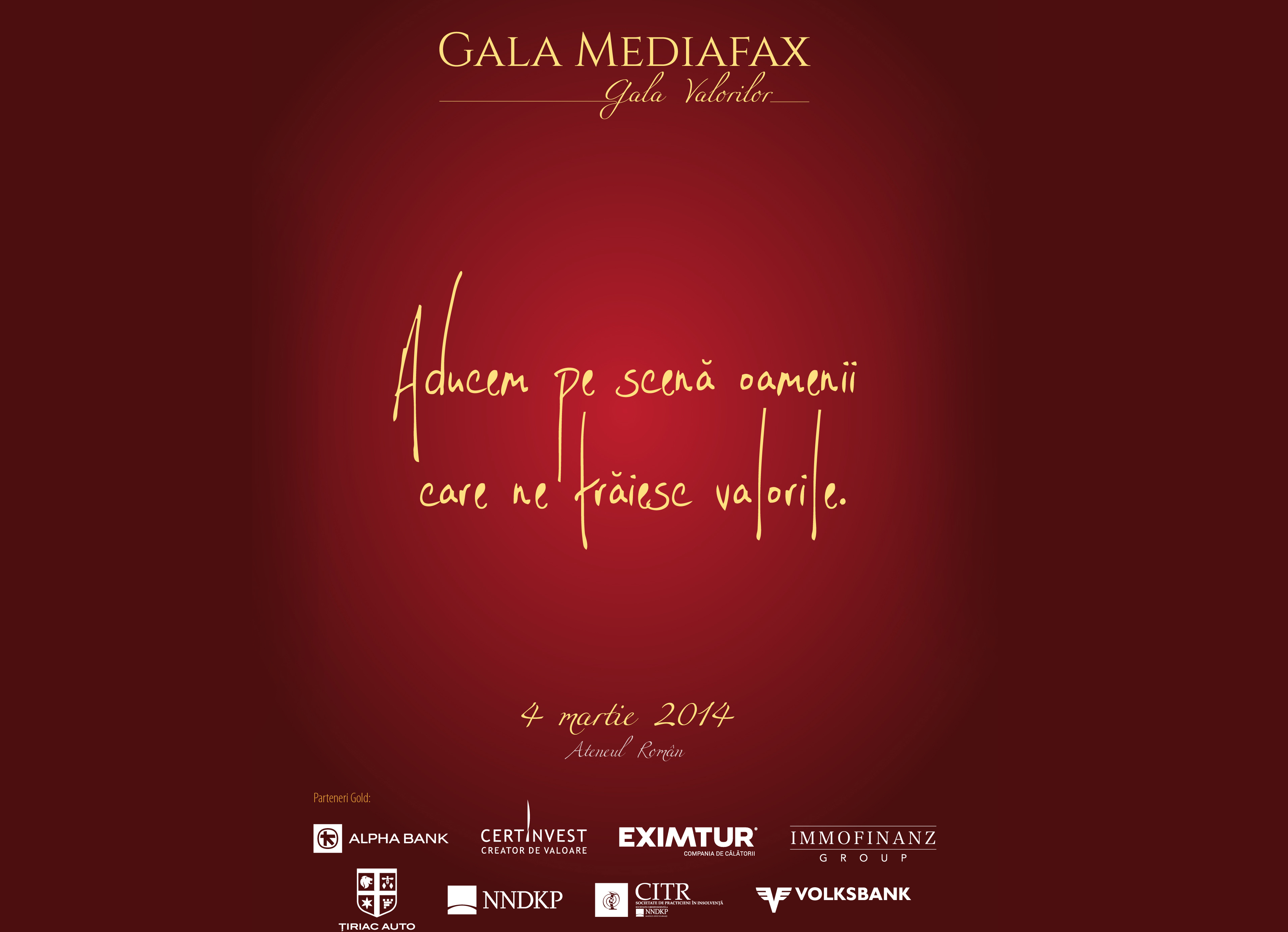Agenția de presă Mediafax premiază valorile anului la „Gala Mediafax 2014 – Gala valorilor”