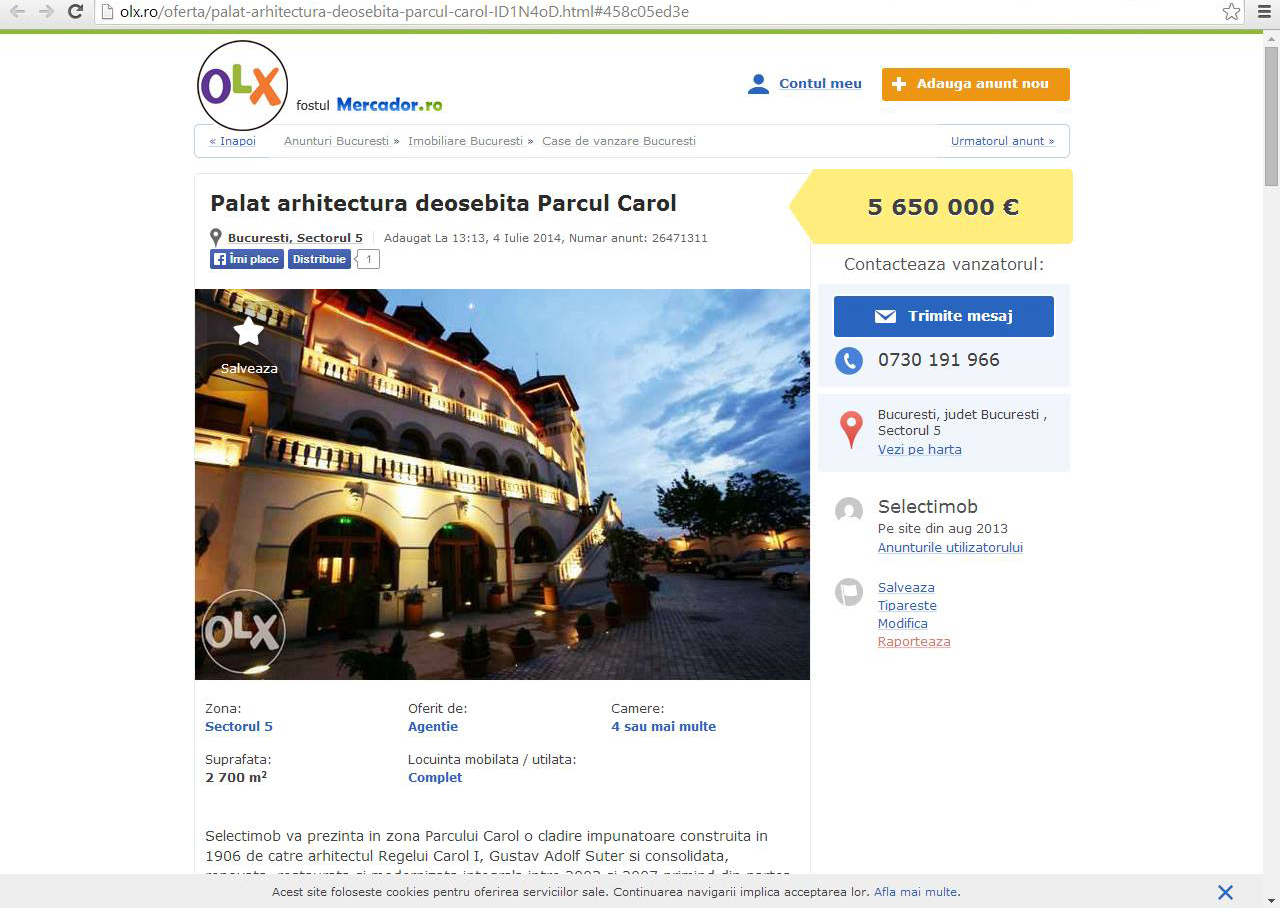 Un hotel de lux din București a ajuns la vânzare pe OLX și tocmai.ro pentru 5,65 milioane de euro "ușor negociabil"