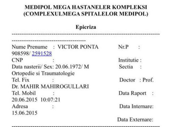 Surpriză: ce au scris medicii turci în cele 5 pagini din fișa medicală a lui Victor Ponta, venit la clinica lui Erdogan pentru o operație de genunchi. Greșeala pe care a făcut-o premierul
