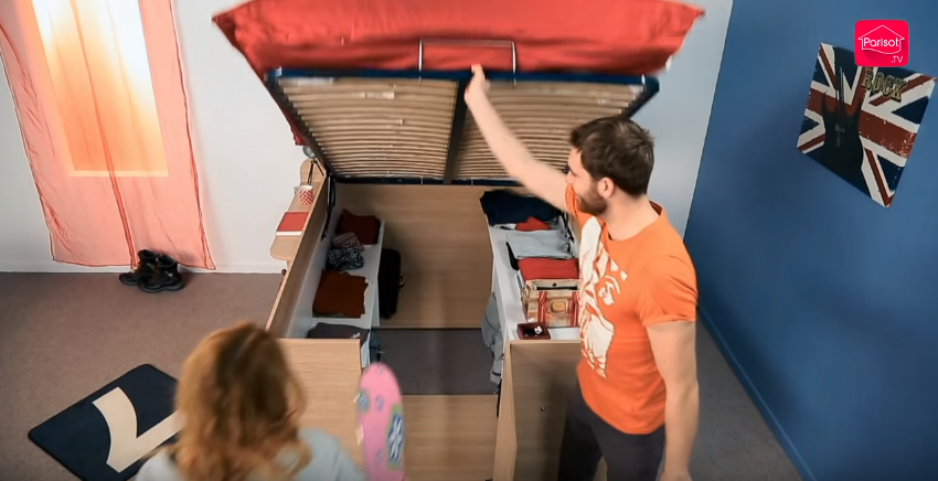Soluție inedită de depozitare. Patul care funcționează și ca dulap - VIDEO