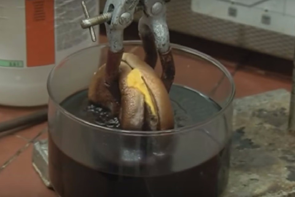 Ce se întâmplă dacă pui un cheeseburger în acid hidrocloric. VIDEO