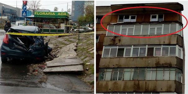 Balcon PRĂBUȘIT peste un autoturism în Capitală. Primăria: Mașina, distrusă în totalitate