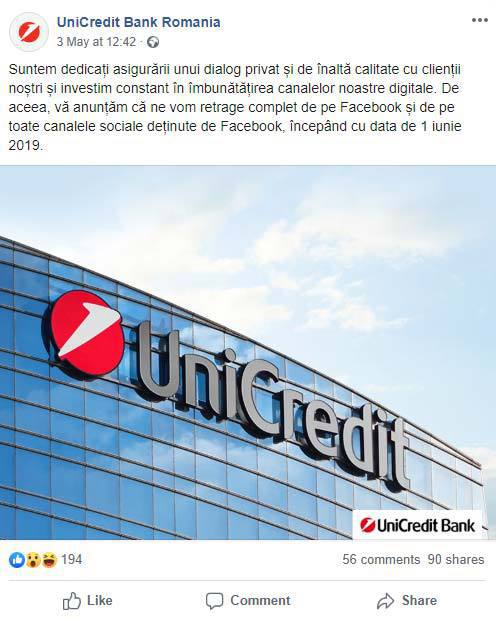UniCredit a deschis Cutia Pandorei, renunțând la pagina de Facebook. Vor urma și alte bănci?