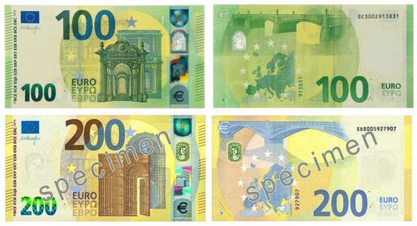 Cum arată noile bancnote de 100 și 200 de euro, puse în circulație de BEC/ O hologramă-satelit și un număr verde-smarald optimizat sporesc rezistența la contrafacere | FOTO