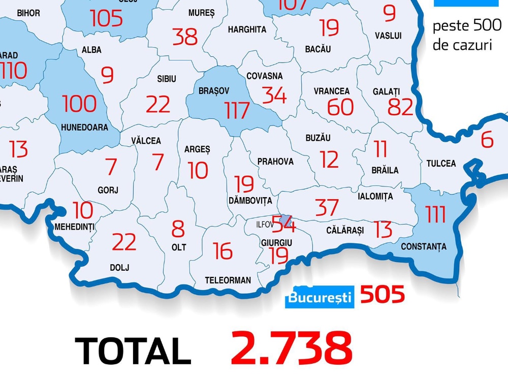 Harta cazurilor din România pe județe. Care este cel mai afectat  județ de coronavirus și care este singurul județ unde nu există niciun caz