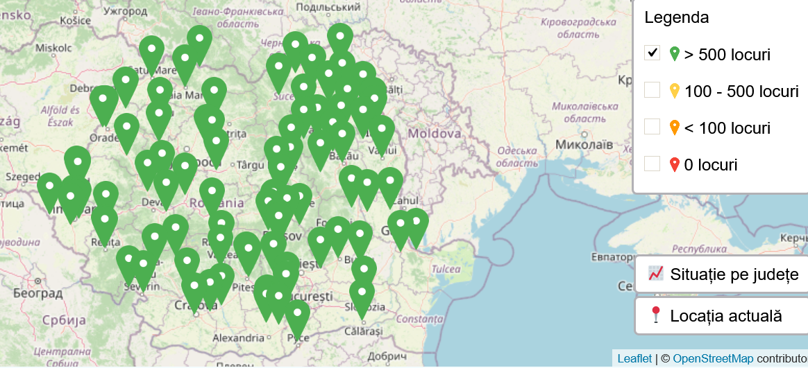 Harta locurilor disponibile pentru vaccin. La nivel național sunt peste 100.000 de locuri libere în centrele unde se administrează vaccinul AstraZeneca