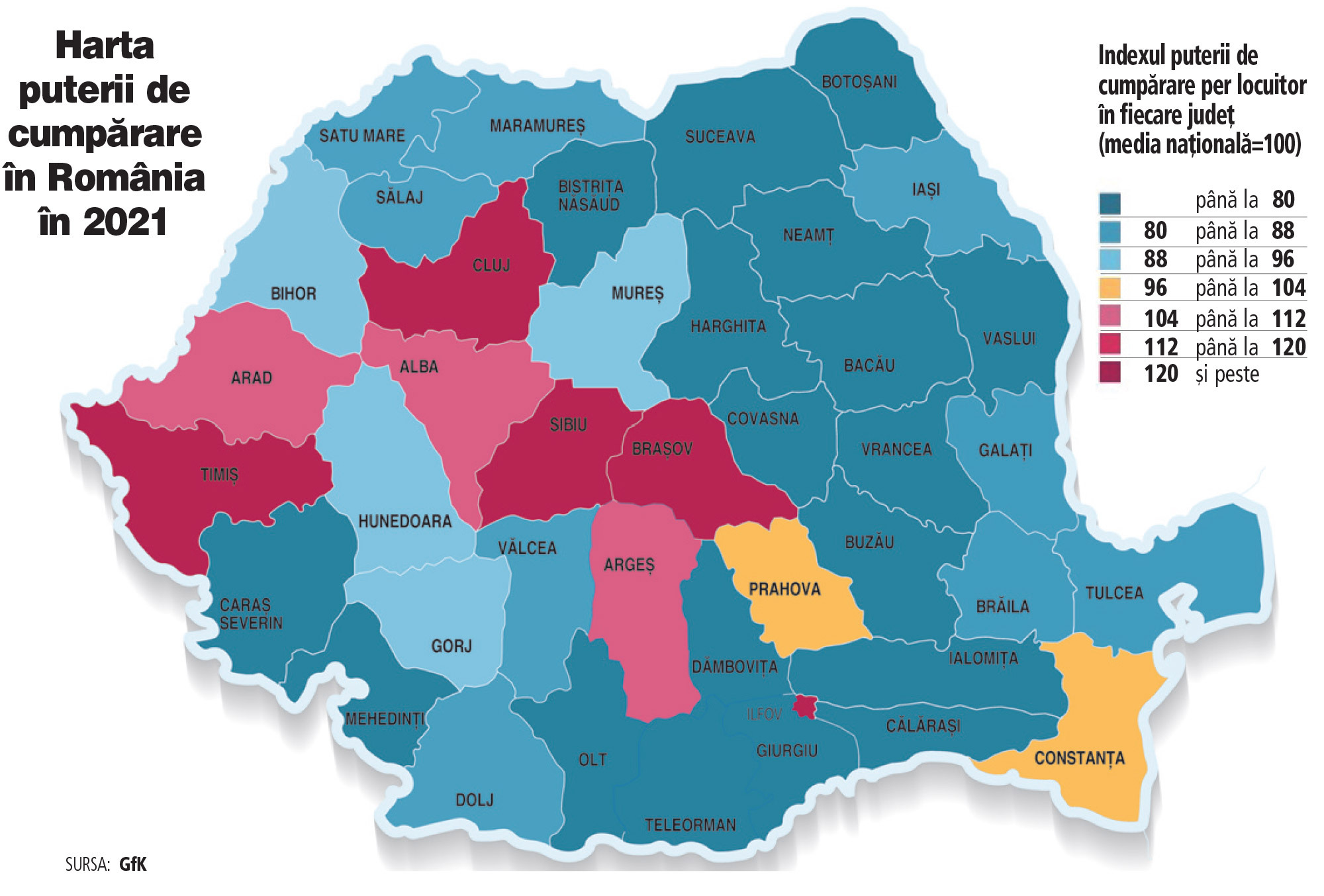 Harta puterii de cumpărare. Doar 10 județe din România, în frunte cu Bucureștiul, au o putere de cumpărare aproape egală sau peste media națională. Inflația galopantă ar putea înrăutăți situația în 2022