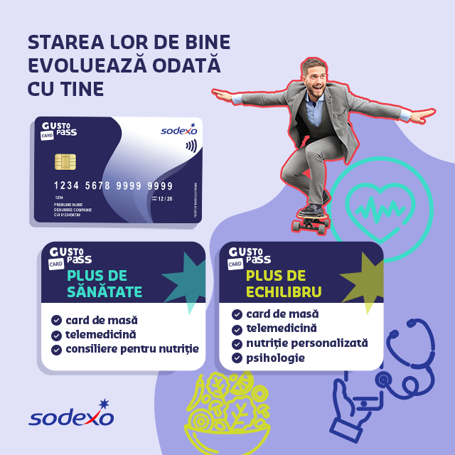 (P) De calitatea vieții angajaților depinde calitatea muncii lor. Consolidează-ți brandul de angajator cu pachetele inovatoare pentru sănătate și nutriție Gusto Pass Plus de Sănătate și Gusto Pass Plus de Echilibru de la Sodexo