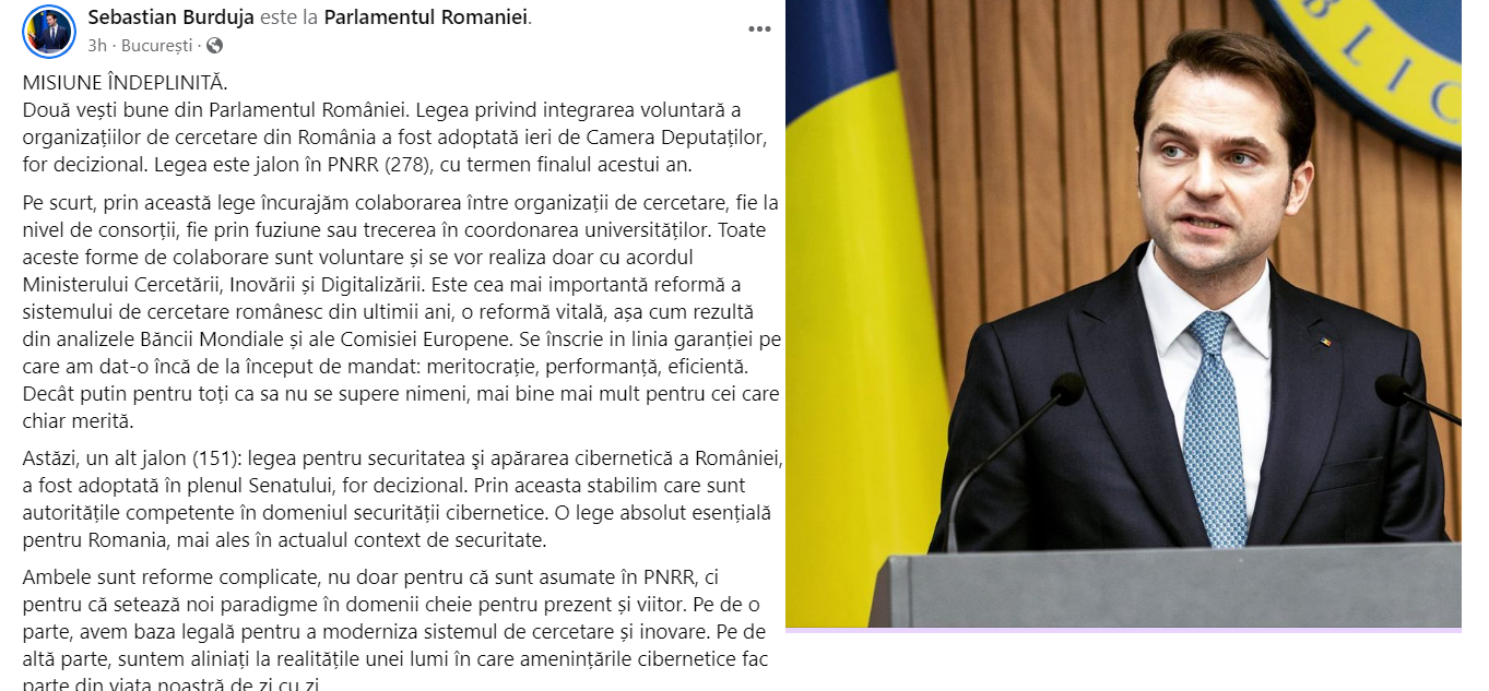 “Legea Burduja” a securității cibernetice, care - conform Asociației pentru Tehnologie și Internet - acordă noi puteri discreționare SRI și introduce amenzi dure punând “cetățenii și persoanele juridice sub papucul serviciilor”, a trecut de Parlament după o dezbatere de ochii lumii. Ministrul, pe Facebook: “Misiune îndeplinită”