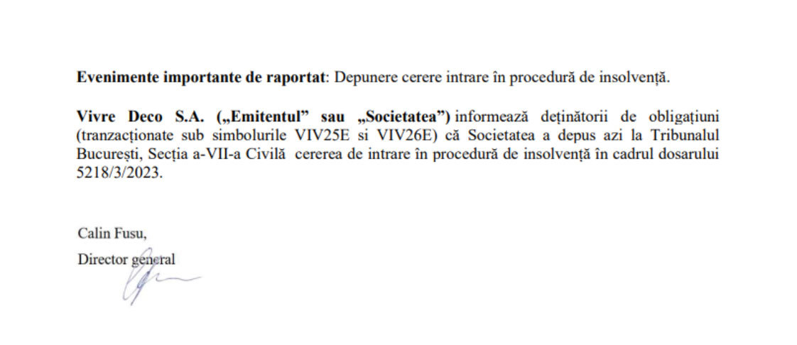 Vivre și-a cerut intrarea în insolventă. Ce trebuie să știe obligatarii care au subscris 10 mil. euro prin bondurile de la BVB