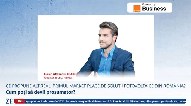ZF Live. Lucian Alexandru Toader, fondator & CEO, Alt.Real: Intenția noastră este ca peste un an și jumătate să avem peste 50 mil. euro investiți în proiecte fotovoltaice instalate și peste 3.000 de proiecte finalizate