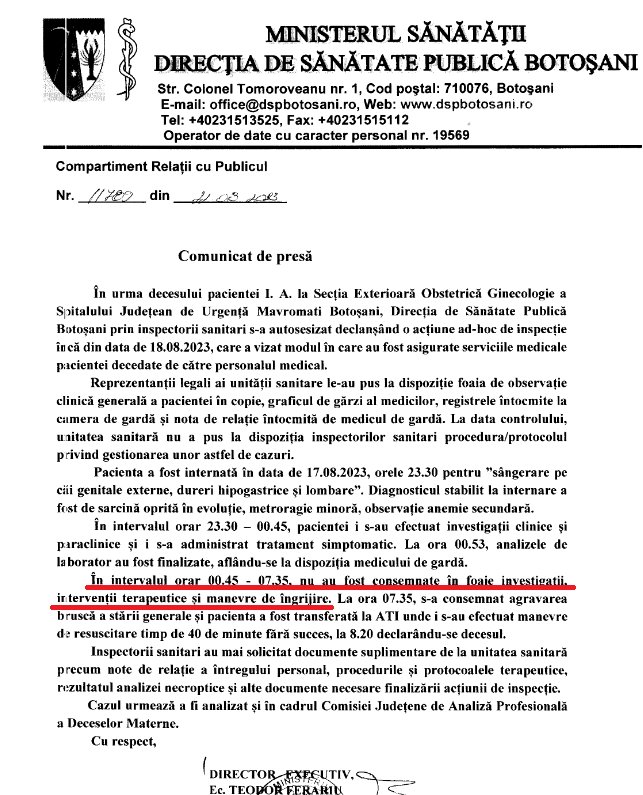 Ce arată raportul DSP Botoșani după controlul la spitalul municipal Mavromati: 7 ore niciun medic nu i-a acordat îngrijiri tinerei care ulterior a murit. Spitalul nu a prezentat inspectorilor protocolul
