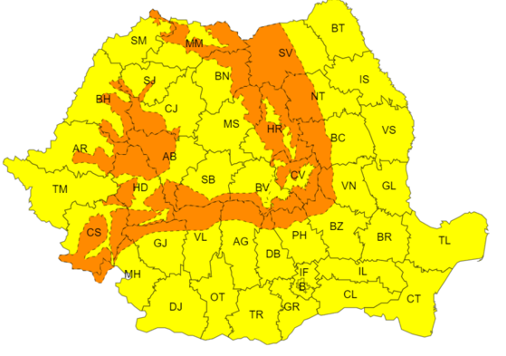 ANM. Avertizări meteo de vreme rea în toată țara