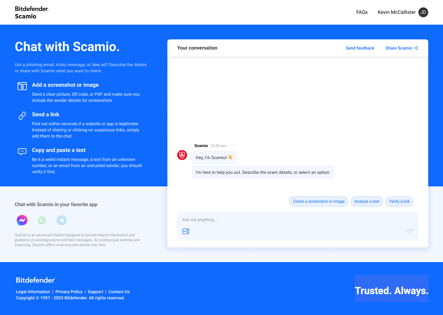 Bitdefender lansează Scamio, un serviciu de detecție a fraudelor online bazat pe inteligență artificială. „Este ca un asistent personal cu care poți discuta și pe care poți conta pentru a-ți proteja viața digitală”
