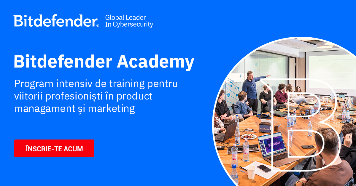 Bitdefender lansează Bitdefender Academy, un program de training în product management și marketing adresat studenților din ultimul an de studiu, tinerilor profesioniști și antreprenorilor care vor să dezvolte un start-up în IT sau să se extindă pe piața globală. „Aceștia au oportunitatea să acceseze cele mai noi tehnici și instrumente utilizate în acest domeniu”