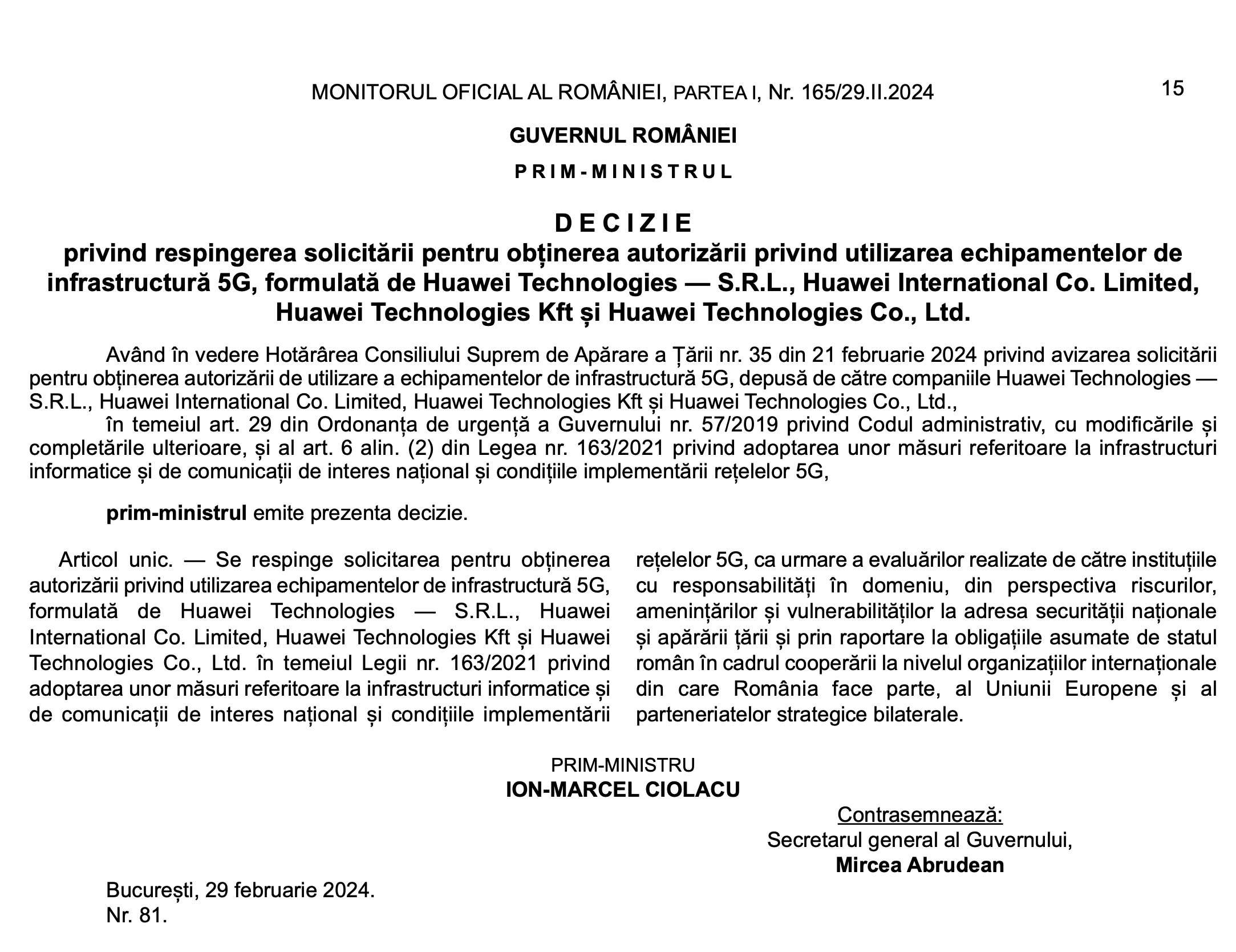 Oficial: România respinge cererea gigantului Huawei din China de a furniza echipamente pentru rețele 5G, după evaluarea realizată de CSAT. „Se respinge solicitarea”