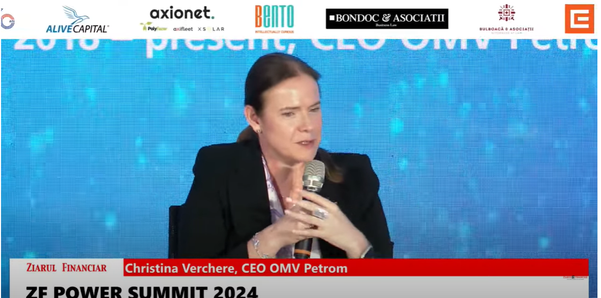 Christina Verchere, CEO OMV Petrom: România a făcut multe progrese în tranzitia energetică, cum este zona de regenerabile. Noi vom investi 8 miliarde lei pe an în următorii 3 ani în tranzitia energetică