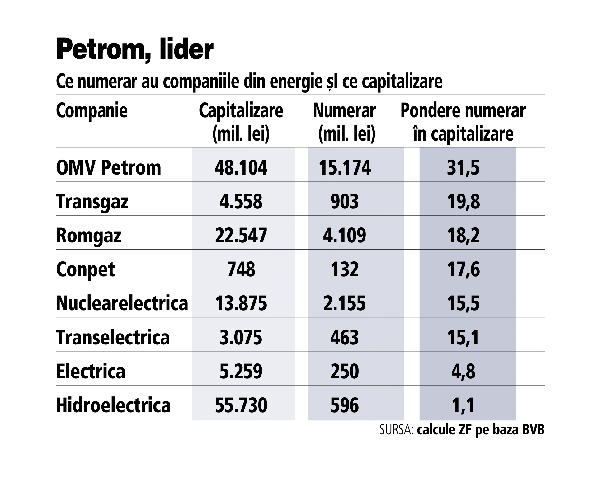 Câți bani au la saltea marile companii din energie listate raportat la capitalizarea bursieră: 32% pentru OMV Petrom, 20% pentru Transgaz, 18% Romgaz