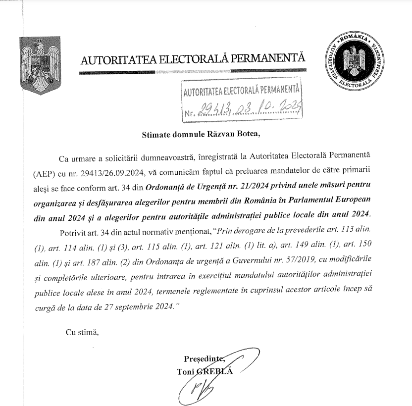 Cu sau fără primar? Din 27 sept au început "să curgă" termenele prin care primarii aleși la votul din 9 sept își preiau mandatele. Vedeți cum arată răspunsul trimis de Autoritatea Electorală Permanentă  la întrebarea ZF: 8 articole de lege si 8 alineate citate într-o singură frază