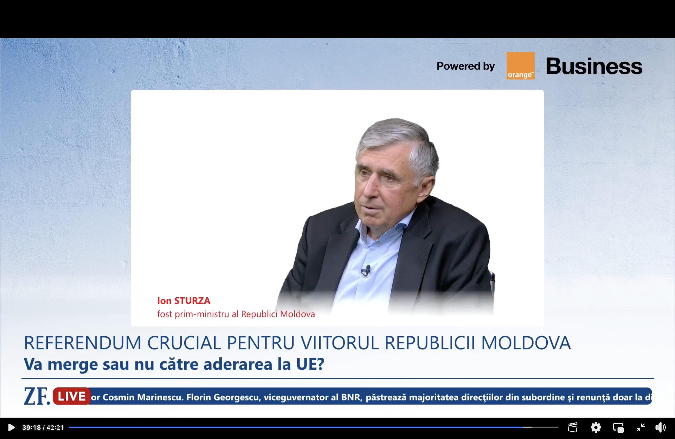 Ce spune fostul premier moldovean Ion Sturza despre referendumul pentru aderarea Republicii Moldova la UE: Referendumul va trece, dar e nevoie de o majoritate serioasă pentru a arată că moldovenii nu mai ezită. Experiența României în integrarea europeană este foarte valoroasă pentru Moldova