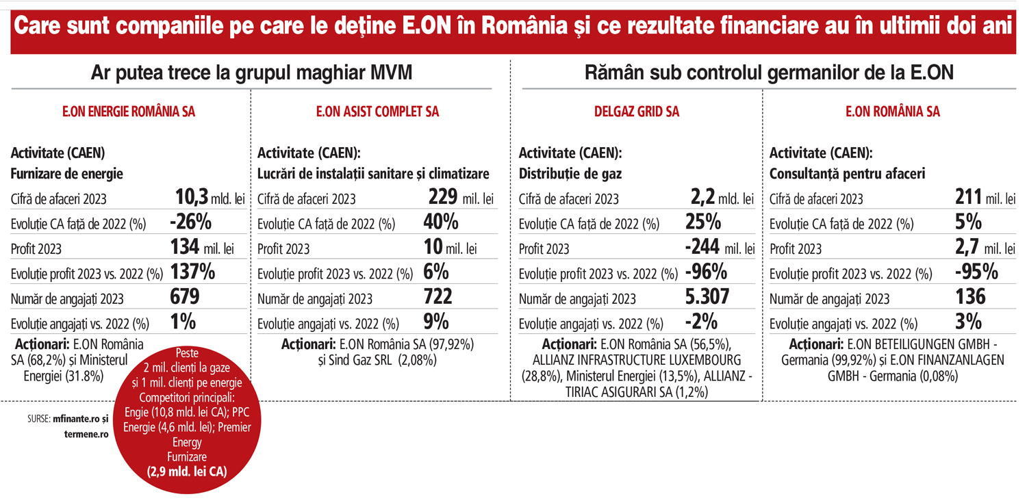 Care sunt companiile pe care  le deține E.ON în România și ce rezultate financiare au în ultimii doi ani