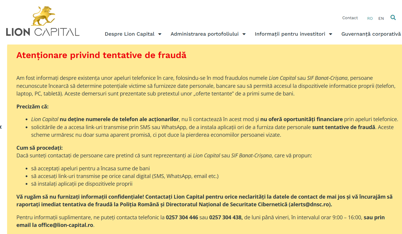 Atenție! Nu dați curs celor care vă cer prin telefon contul bancar pentru a vă trimite dividende de la SIF-uri. Sunt fraude!