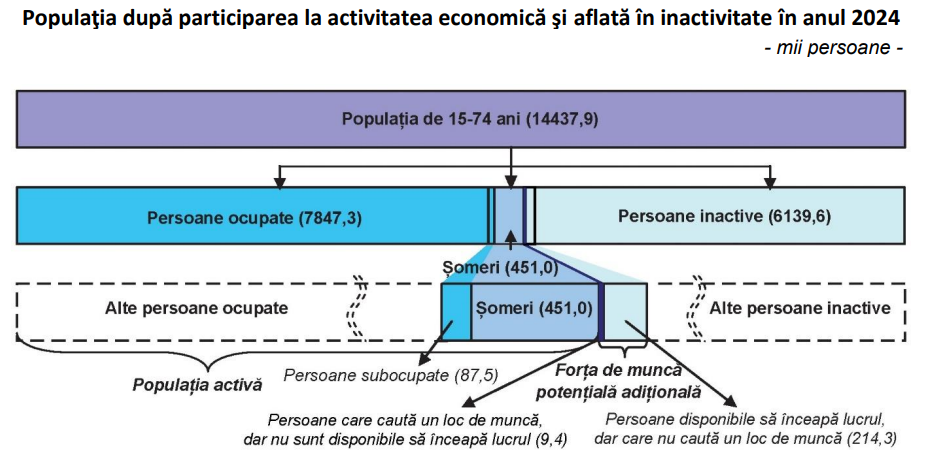 România avea la finalul anului trecut o forță de muncă potențială adițională de 223.700 persoane, în creștere cu 10,5% față de 2023, și 451.000 de șomeri