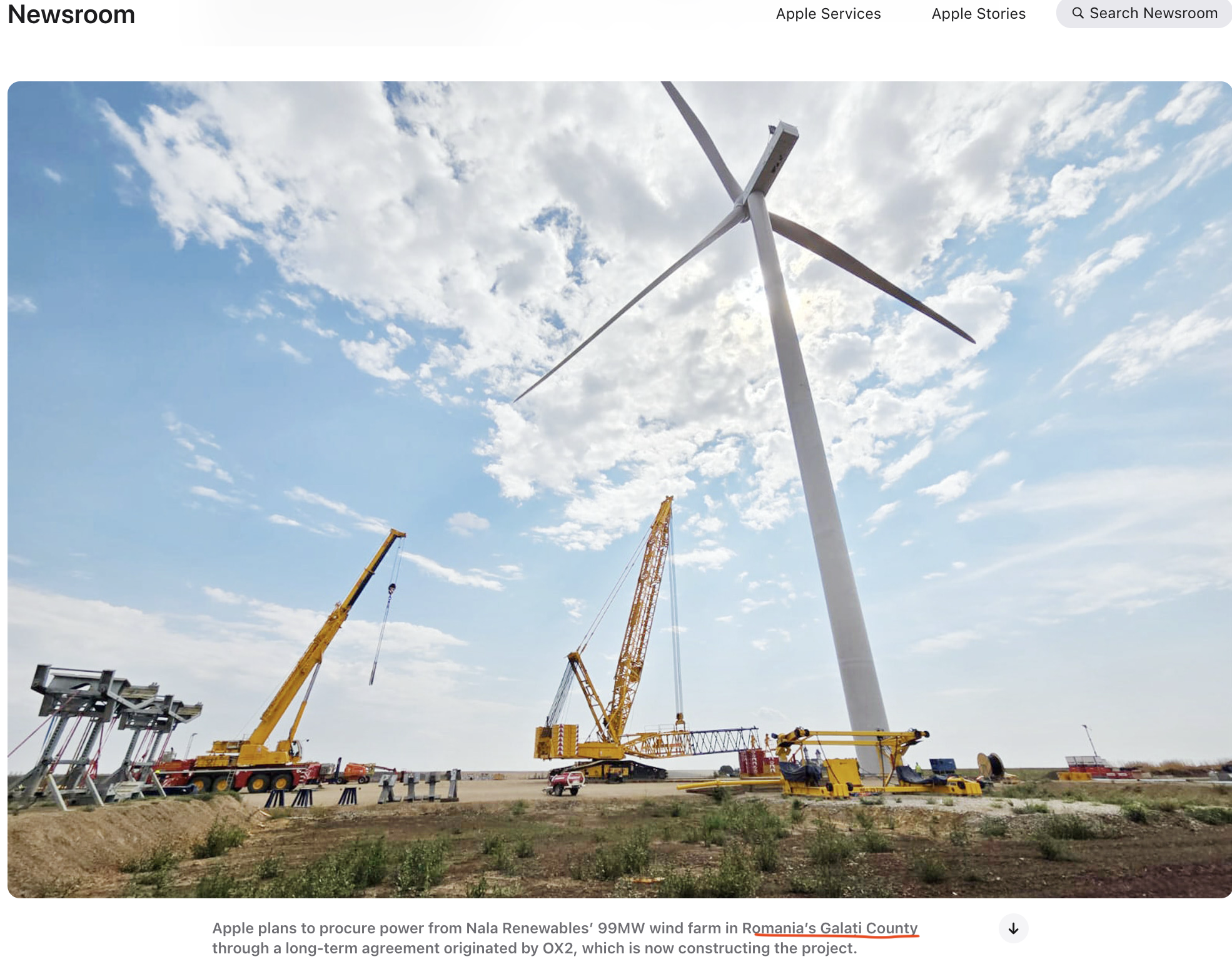 Gigantul american Apple anunță noi proiecte de energie regenerabilă în Europa, inclusiv în România. Apple intenționează să achiziționeze energie în România de la parcul eolian de 99 MW al Nala Renewables din județul Galați