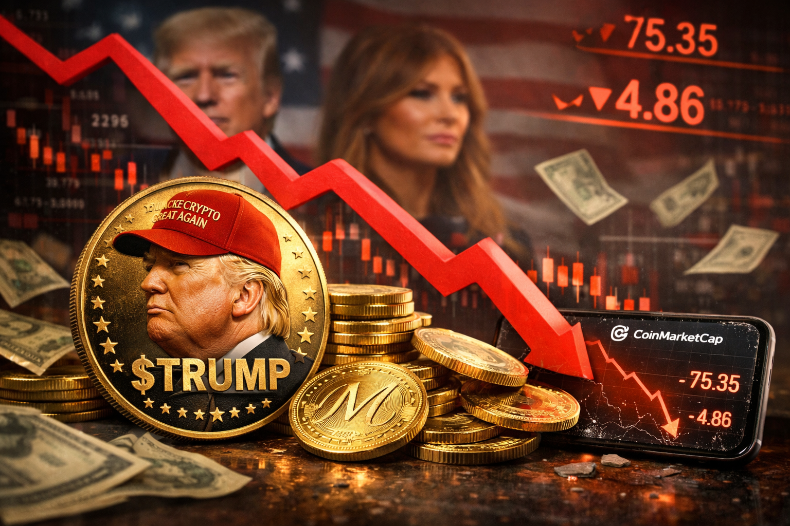 Parcursul $TRUMP la un an după reîntoarcerea președintelui la Casa Albă. După un raliu în câteva zile de 6.200%, acum se tranzacționează la -94% față de vârf. Ce avere a făcut familia Trump din activitățile cripto