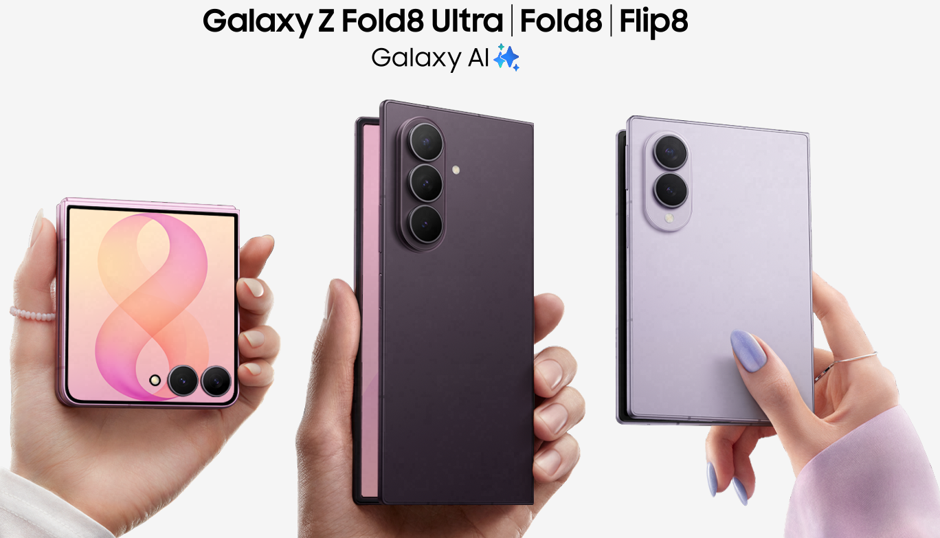 Samsung lansează pentru prima dată trei pliabile cu formate diferite: un Galaxy Z Fold8 nou, mai lat și mai ușor, un Fold8 Ultra pentru productivitate și un Flip8 compact, toate cu un ecran nou din titan și inteligență artificială Gemini